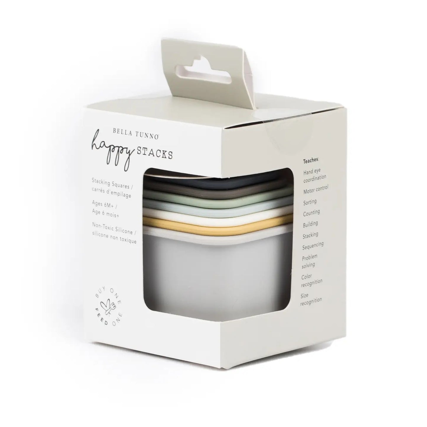Neutral colored baby stacking cups shown nested and in white box packaging.