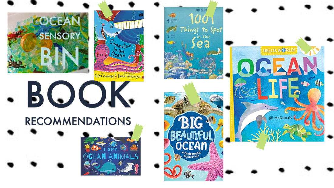 Book Recommendation Graphic - Books to pair with Ocean Sensory Bins; 1001 Things to Spot in the Sea, Big Beautiful Ocean, Commotion in the Ocean, Hello World! Ocean Life and I Spy Ocean Animals