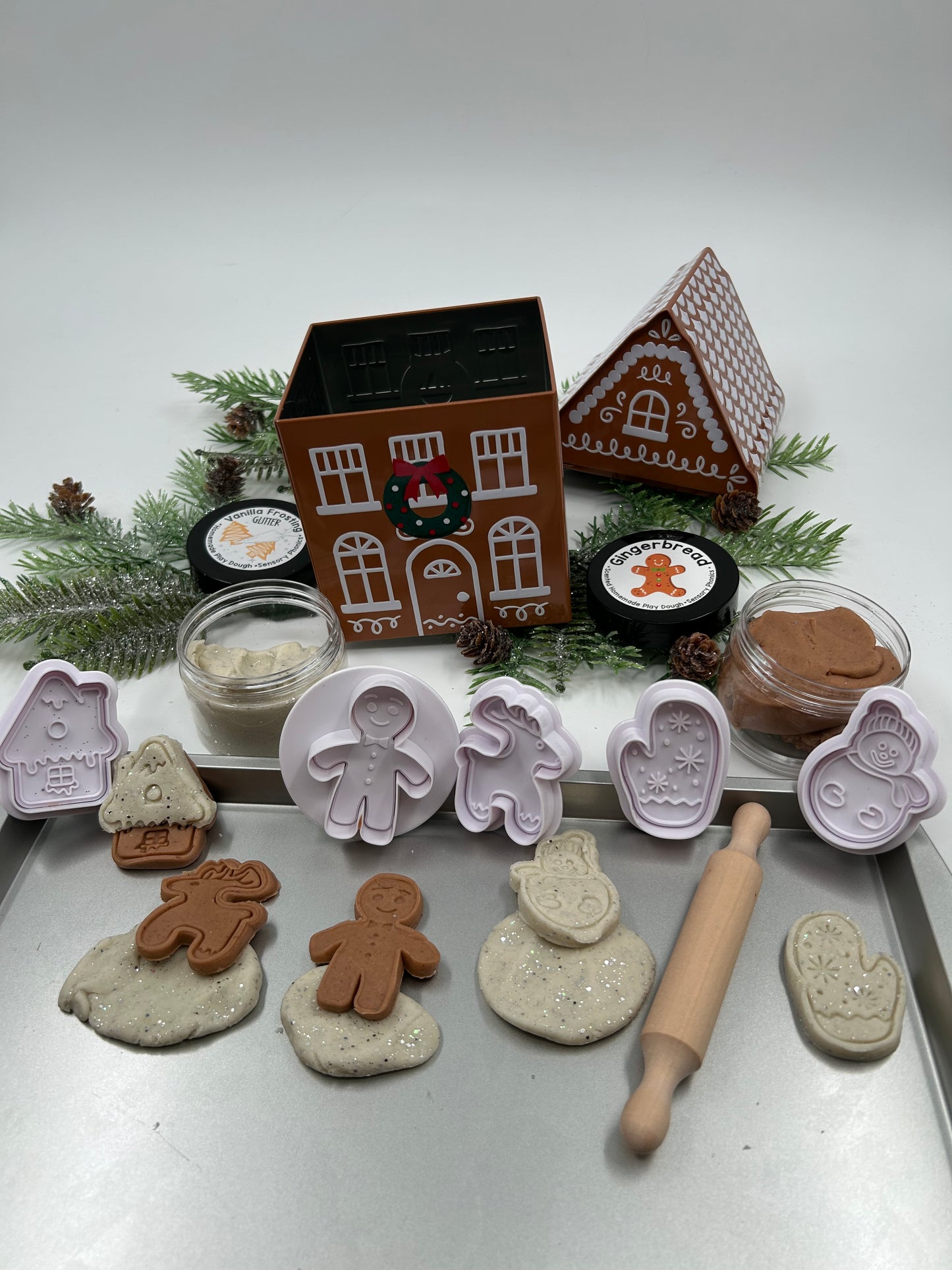 Gingerbread Play Dough Kit – Holiday Sensory Play in a Giftable Gingerbread House Tin