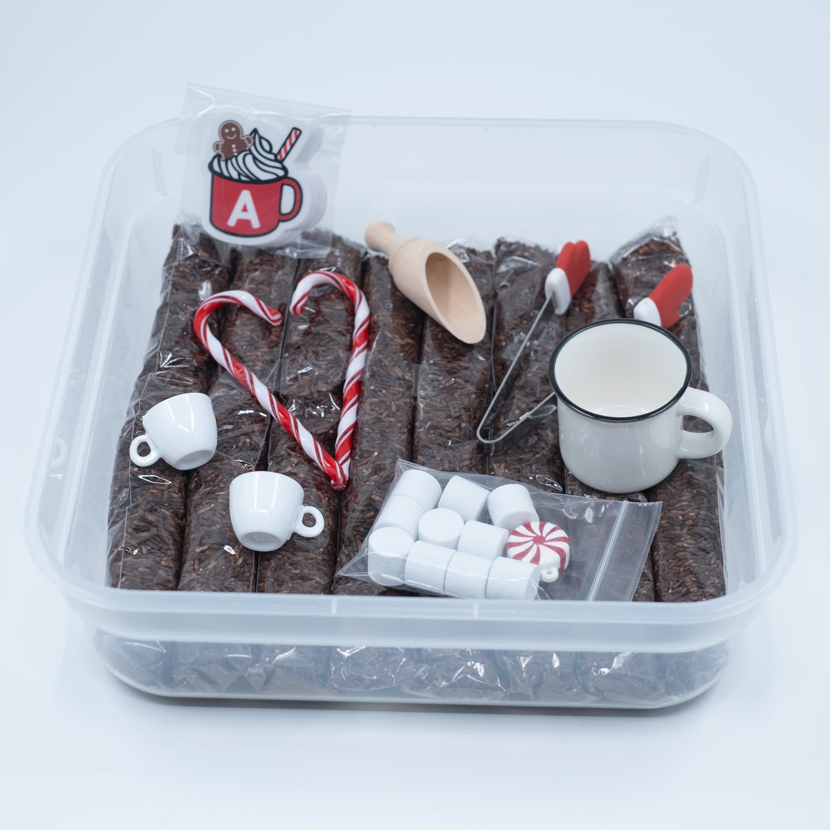 Hot Cocoa ABCs Sensory Bin – Scented Dyed Rice • Winter Sensory Play ...